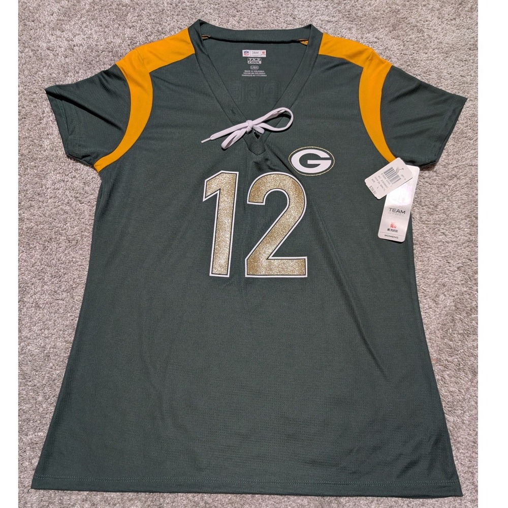 NFL Team Apparel Jersey Womens L Green Aaron Rodgers‎ 12 Lace Up Glitter Gameday